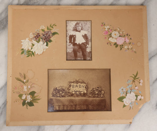 Lot 169 - Unframed Antique Memorial Page With Hand-Painted Flowers And Hand-Cut Mat, Including Photograph Of Young Child, Together With Cabinet Card Photograph Of Funeral Flower Arrangement Spelling “Baby,” By E.S. Dunshee & Co., Boston