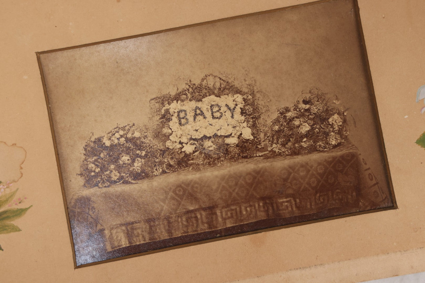 Lot 169 - Unframed Antique Memorial Page With Hand-Painted Flowers And Hand-Cut Mat, Including Photograph Of Young Child, Together With Cabinet Card Photograph Of Funeral Flower Arrangement Spelling “Baby,” By E.S. Dunshee & Co., Boston