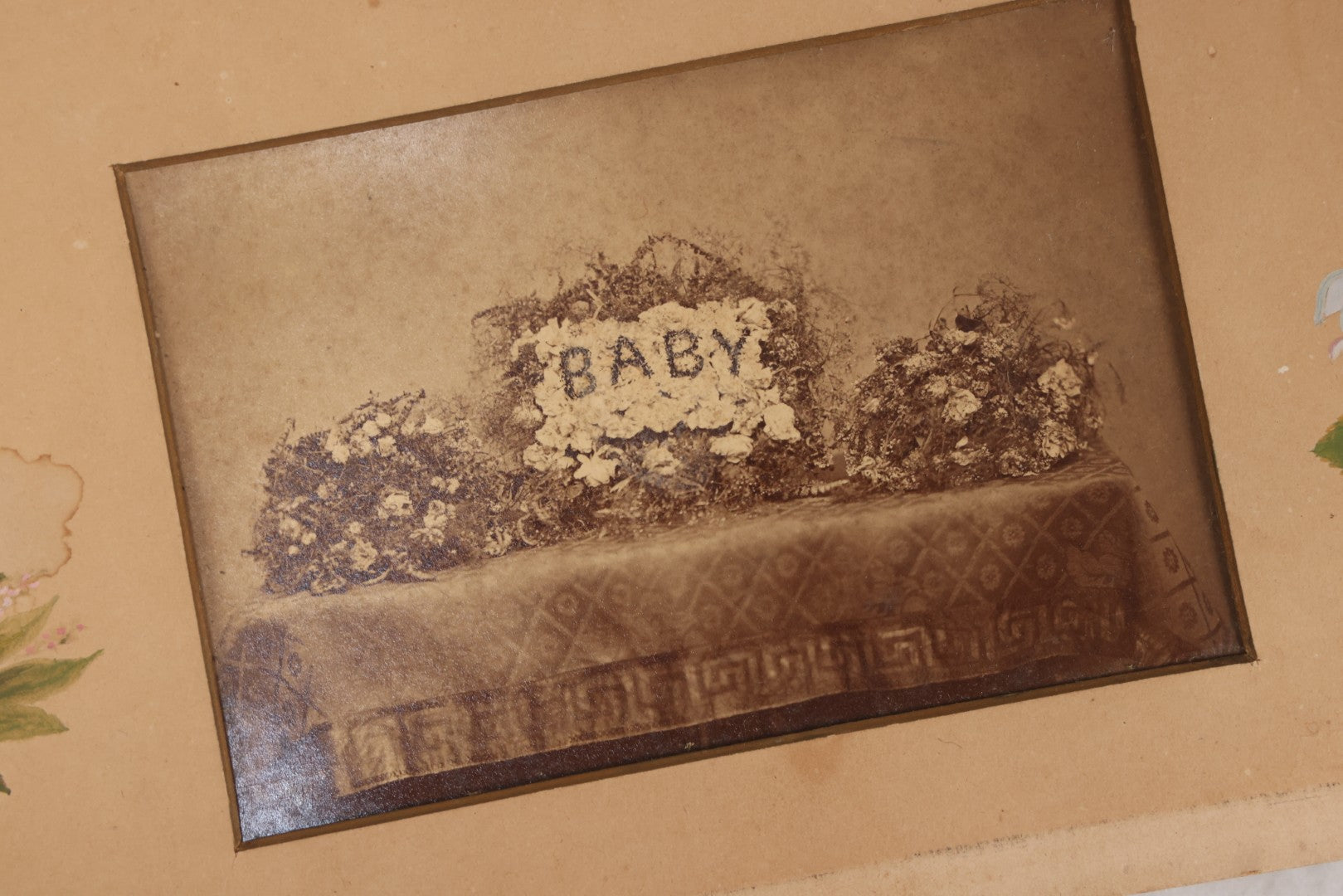 Lot 169 - Unframed Antique Memorial Page With Hand-Painted Flowers And Hand-Cut Mat, Including Photograph Of Young Child, Together With Cabinet Card Photograph Of Funeral Flower Arrangement Spelling “Baby,” By E.S. Dunshee & Co., Boston