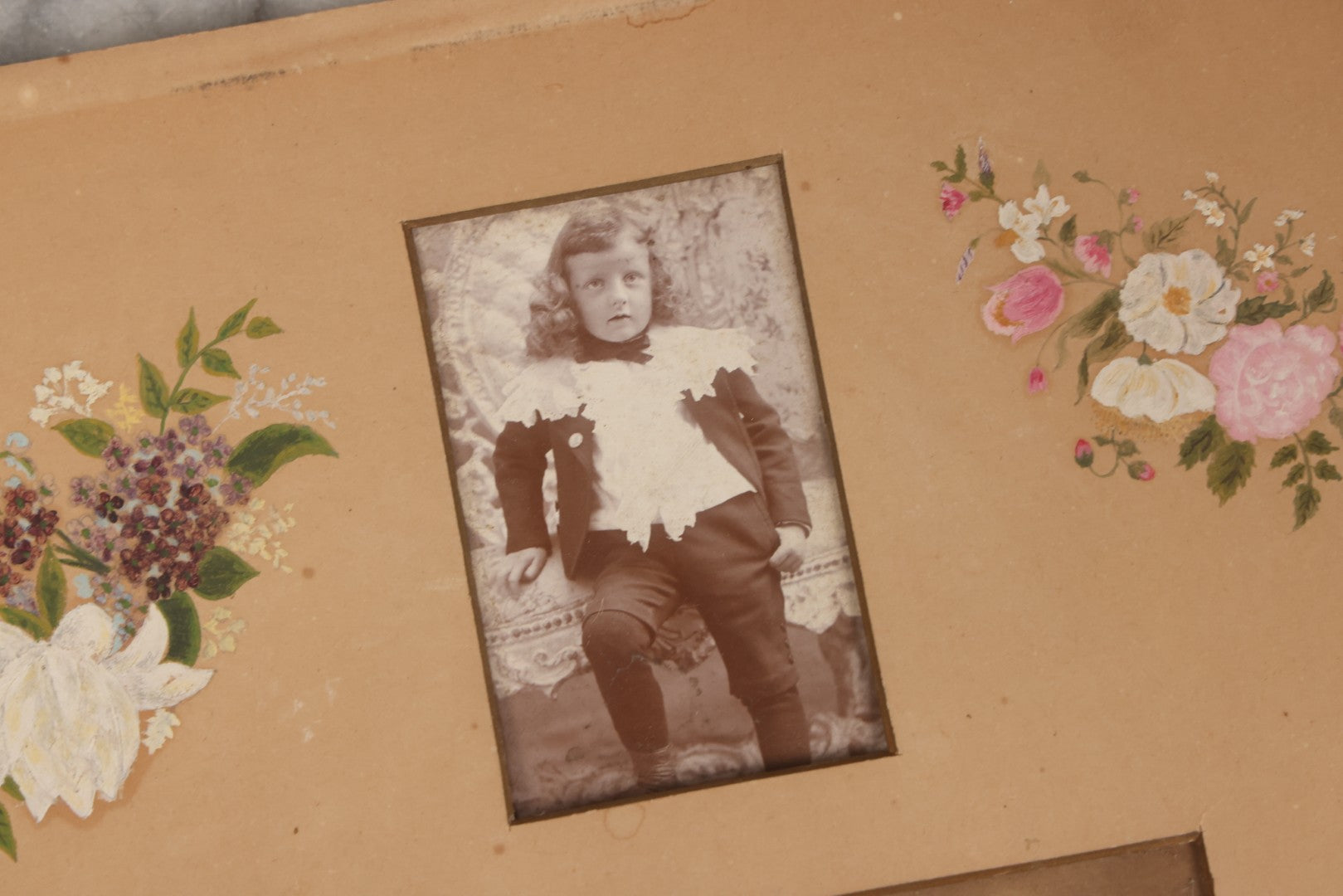 Lot 169 - Unframed Antique Memorial Page With Hand-Painted Flowers And Hand-Cut Mat, Including Photograph Of Young Child, Together With Cabinet Card Photograph Of Funeral Flower Arrangement Spelling “Baby,” By E.S. Dunshee & Co., Boston