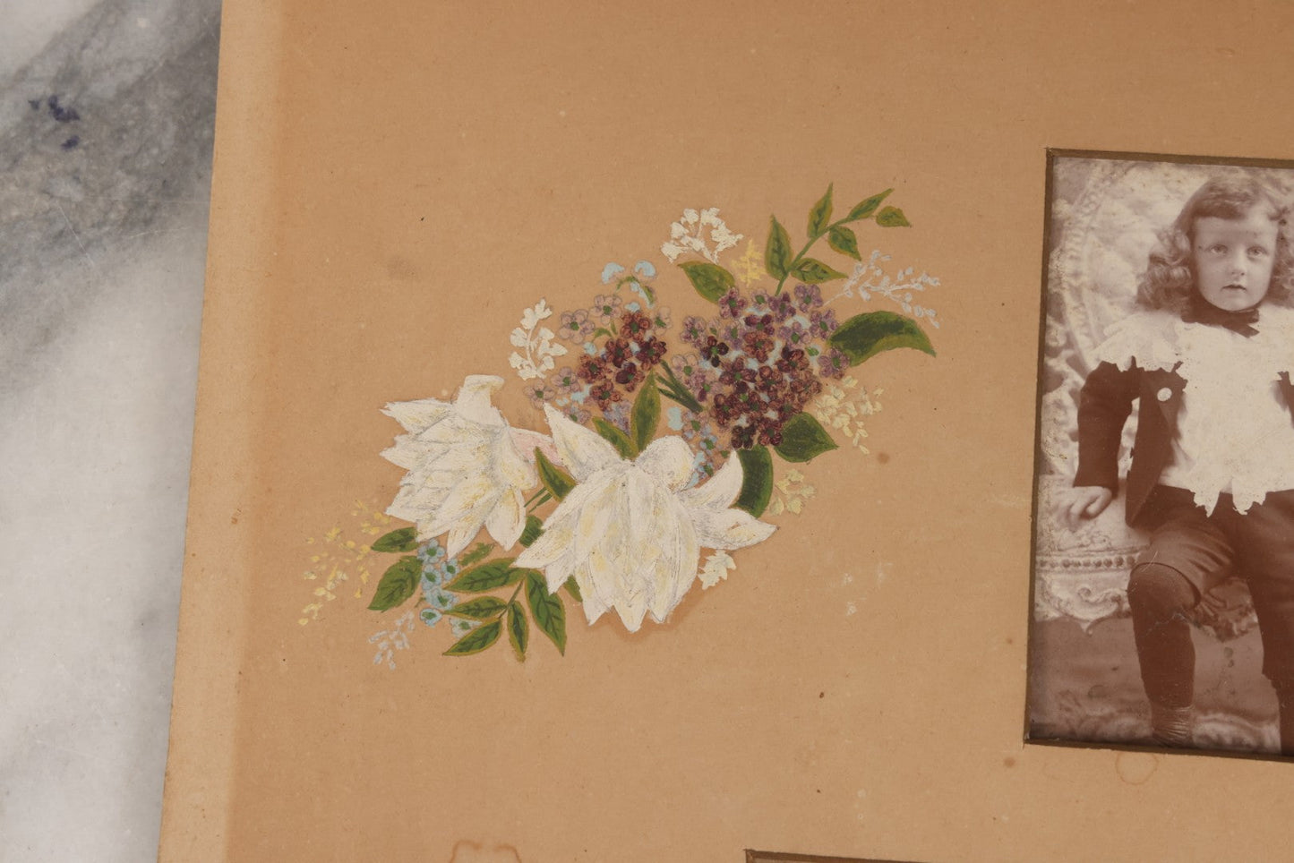 Lot 169 - Unframed Antique Memorial Page With Hand-Painted Flowers And Hand-Cut Mat, Including Photograph Of Young Child, Together With Cabinet Card Photograph Of Funeral Flower Arrangement Spelling “Baby,” By E.S. Dunshee & Co., Boston