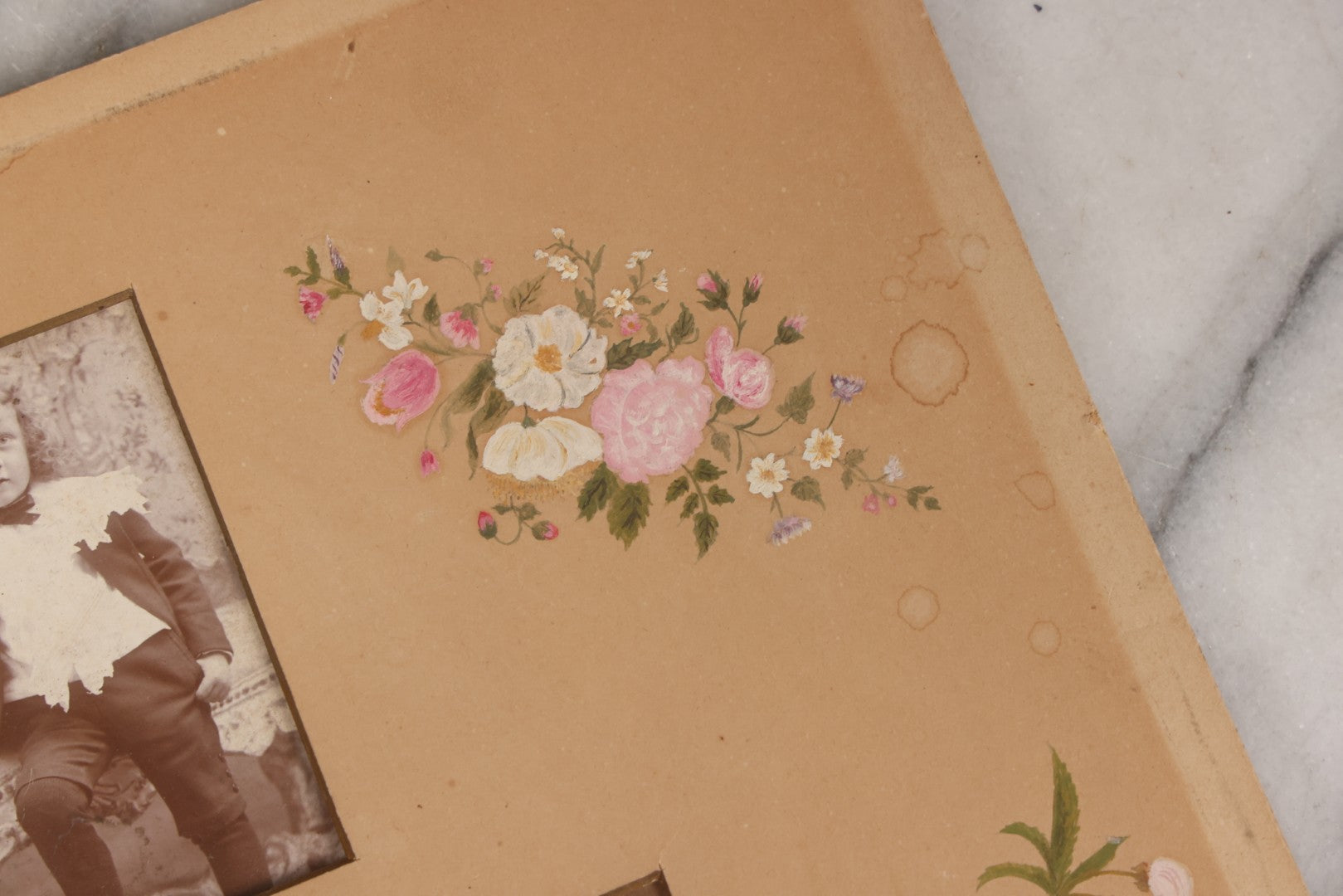 Lot 169 - Unframed Antique Memorial Page With Hand-Painted Flowers And Hand-Cut Mat, Including Photograph Of Young Child, Together With Cabinet Card Photograph Of Funeral Flower Arrangement Spelling “Baby,” By E.S. Dunshee & Co., Boston