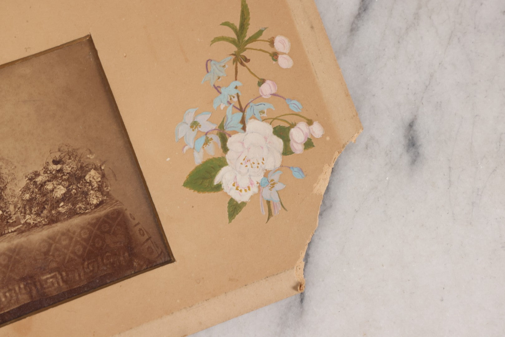 Lot 169 - Unframed Antique Memorial Page With Hand-Painted Flowers And Hand-Cut Mat, Including Photograph Of Young Child, Together With Cabinet Card Photograph Of Funeral Flower Arrangement Spelling “Baby,” By E.S. Dunshee & Co., Boston
