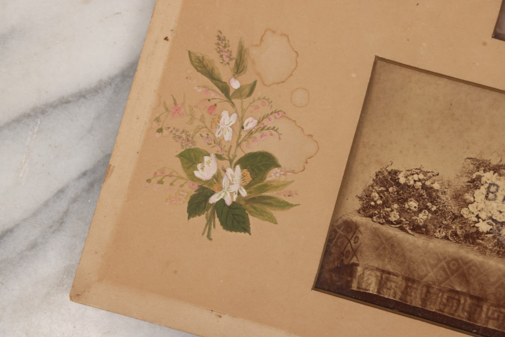 Lot 169 - Unframed Antique Memorial Page With Hand-Painted Flowers And Hand-Cut Mat, Including Photograph Of Young Child, Together With Cabinet Card Photograph Of Funeral Flower Arrangement Spelling “Baby,” By E.S. Dunshee & Co., Boston