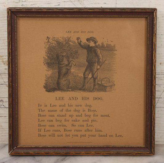 Lot 172 - Antique Print Of "Lee And His Dog" With Accompanying Poem, Depicting Boy Holding Treat For Dog, In Frame, 7-3/4" x 7-3/4"