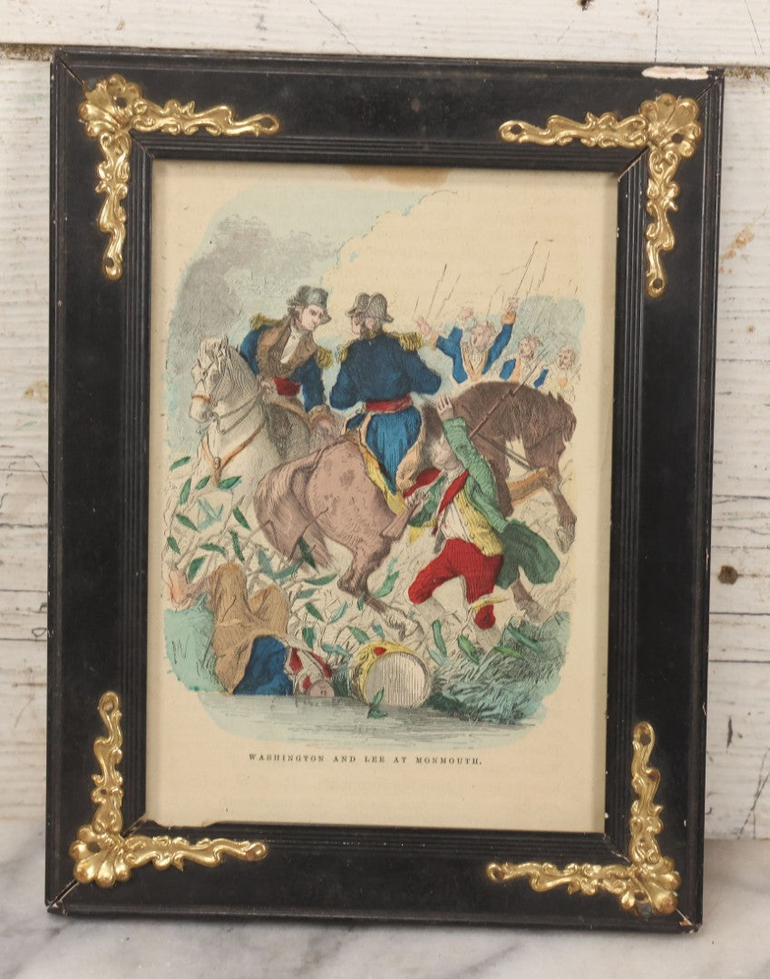 Lot 173 - Antique Hand-Colored Print Of "Washington And Lee At Monmouth" In Black Frame With Gold Corner Embellishments, 6-3/4" x 8-7/8"