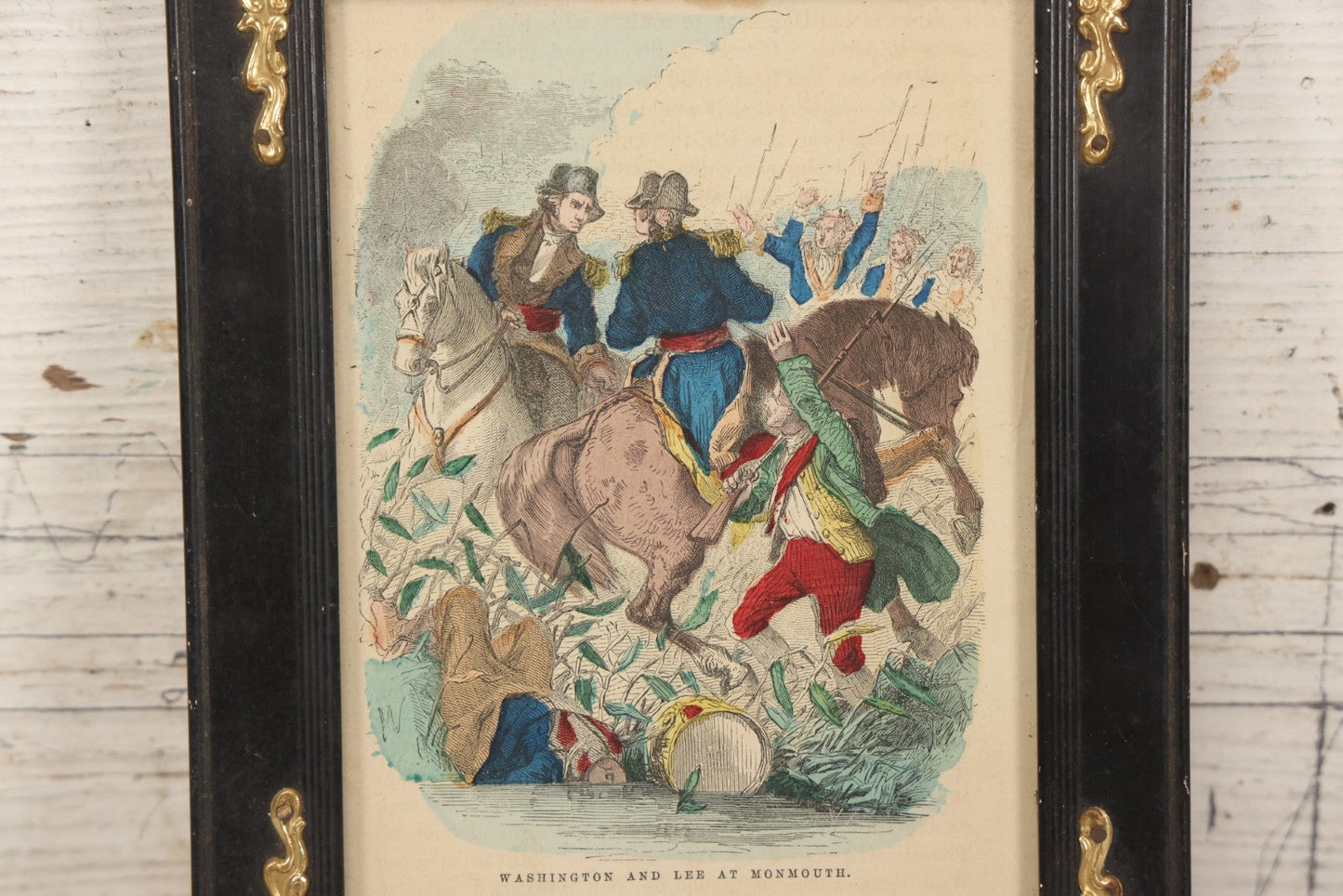 Lot 173 - Antique Hand-Colored Print Of "Washington And Lee At Monmouth" In Black Frame With Gold Corner Embellishments, 6-3/4" x 8-7/8"