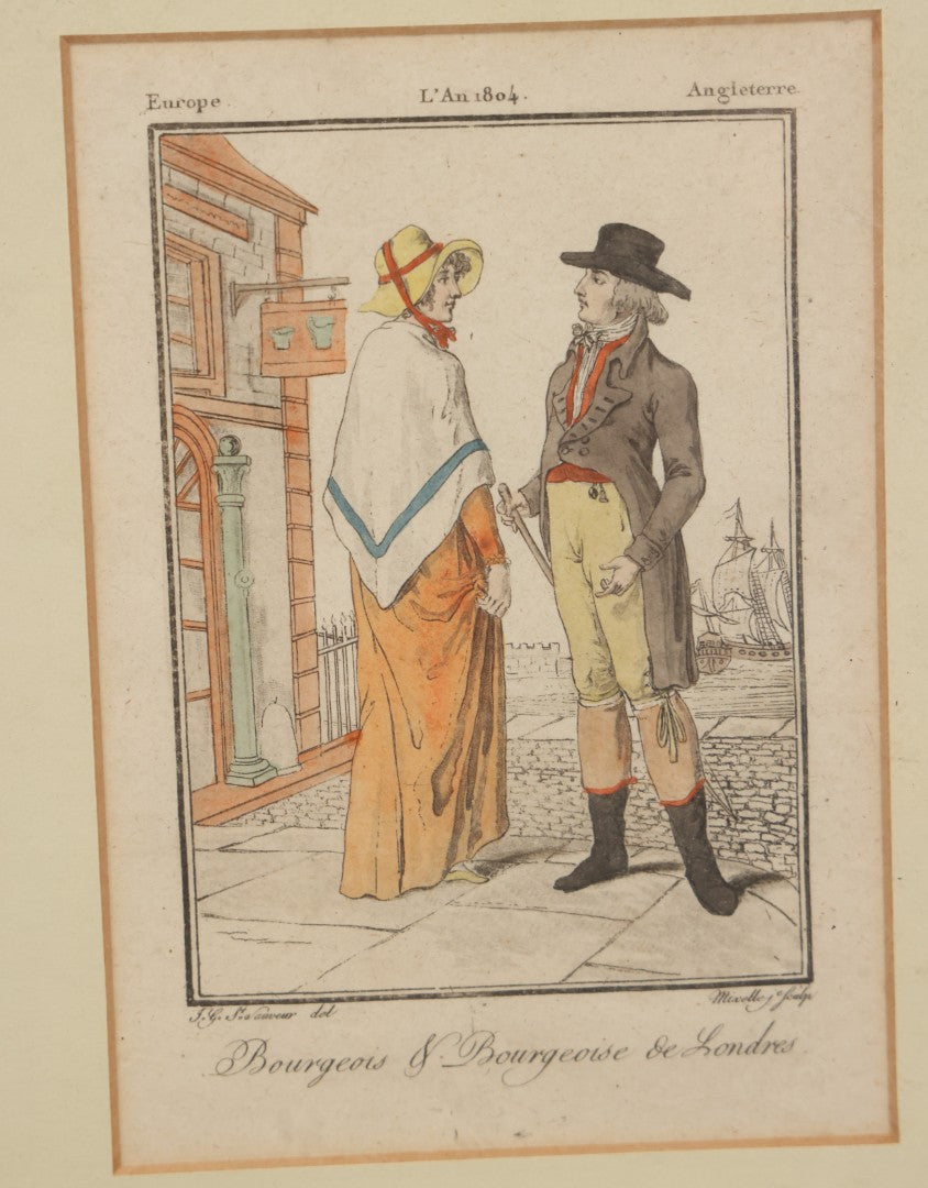 Lot 174 - Pair Of Antique French Hand-Colored Prints “Paysan & Paysanne Des Environs De Londres” (“Peasant & Peasant Woman From The Environs Of London”), 1801, And “Bourgeois & Bourgeoise De Londres” (“Bourgeois Man & Woman Of London”), 1804