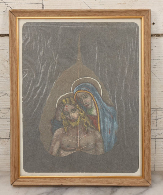 Lot 179 - Vintage Hand Painted Leaf Depicting Jesus Christ And The Virgin Mary, Painted By Father Cornelius Donohue, 1968, In Frame, 8-1/8" x 10-1/4"