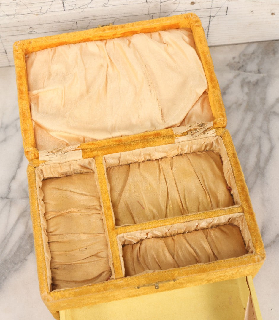 Lot 182 - Antique Yellow Velvet Jewelry Box With Brass Hardware And Tufted Interior