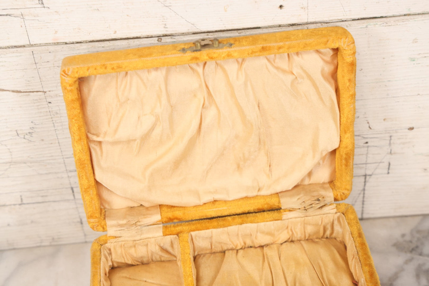 Lot 182 - Antique Yellow Velvet Jewelry Box With Brass Hardware And Tufted Interior