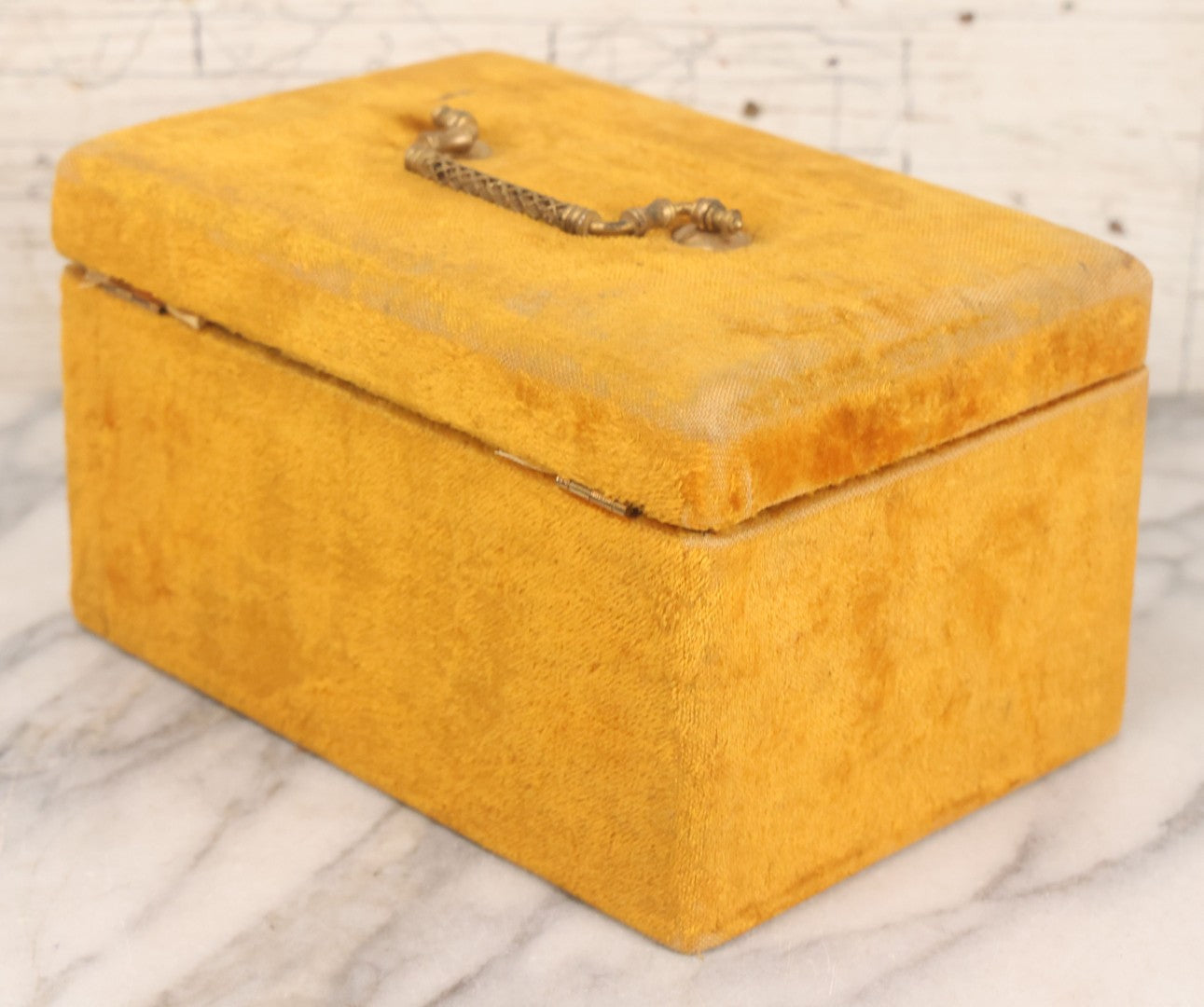 Lot 182 - Antique Yellow Velvet Jewelry Box With Brass Hardware And Tufted Interior