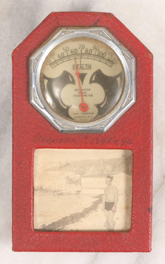 Lot 187 - Vintage Rochester Room Thermometer With Red Leatherette Frame And Photograph