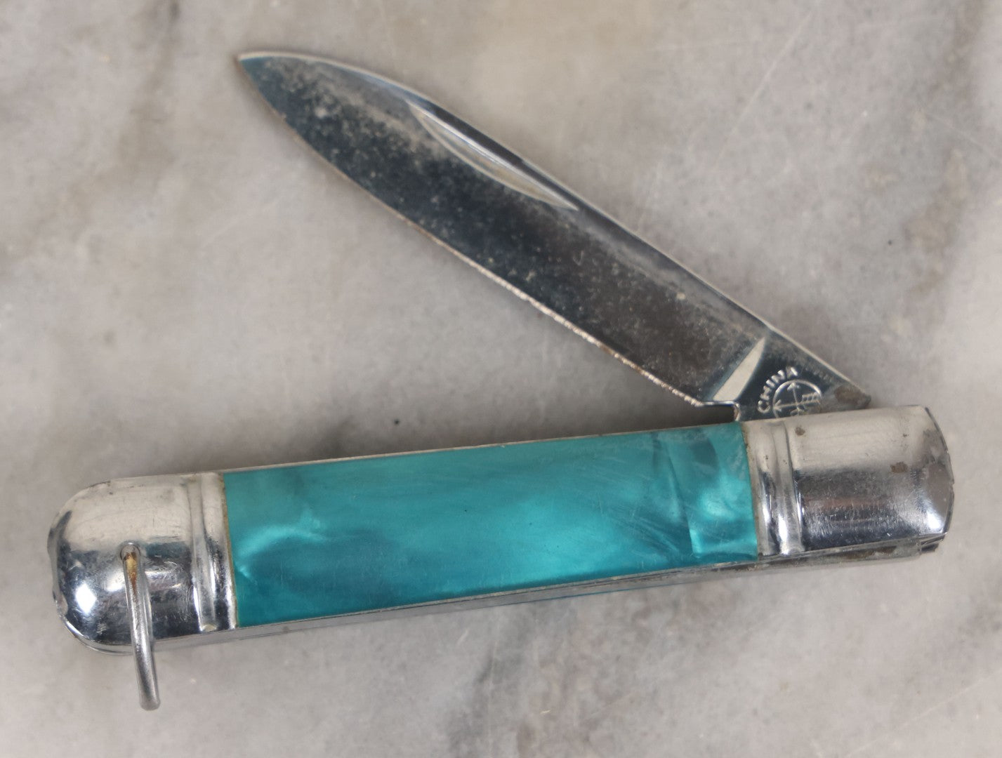Lot 189 - Vintage Pocket Knife With Blue Pearlized Handle, Made In China, 1990s, 3-1/4" L