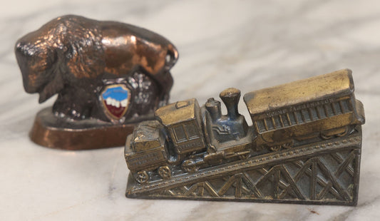 Lot 191 - Pair Of Vintage Pot Metal Souvenir Figurines, Cog Railway White Mountains, New Hampshire And Bison From Mt. Rushmore, South Dakota
