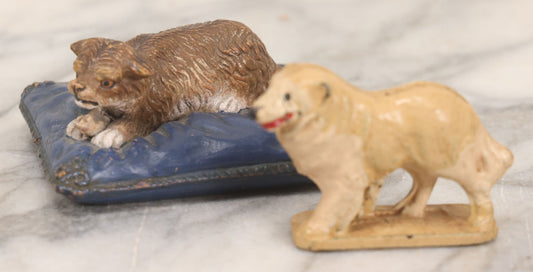 Lot 192 - Pair Of Vintage Dog Figurines, Including Painted Clay Dog On Pillow Box Top And Composition Dog Toy