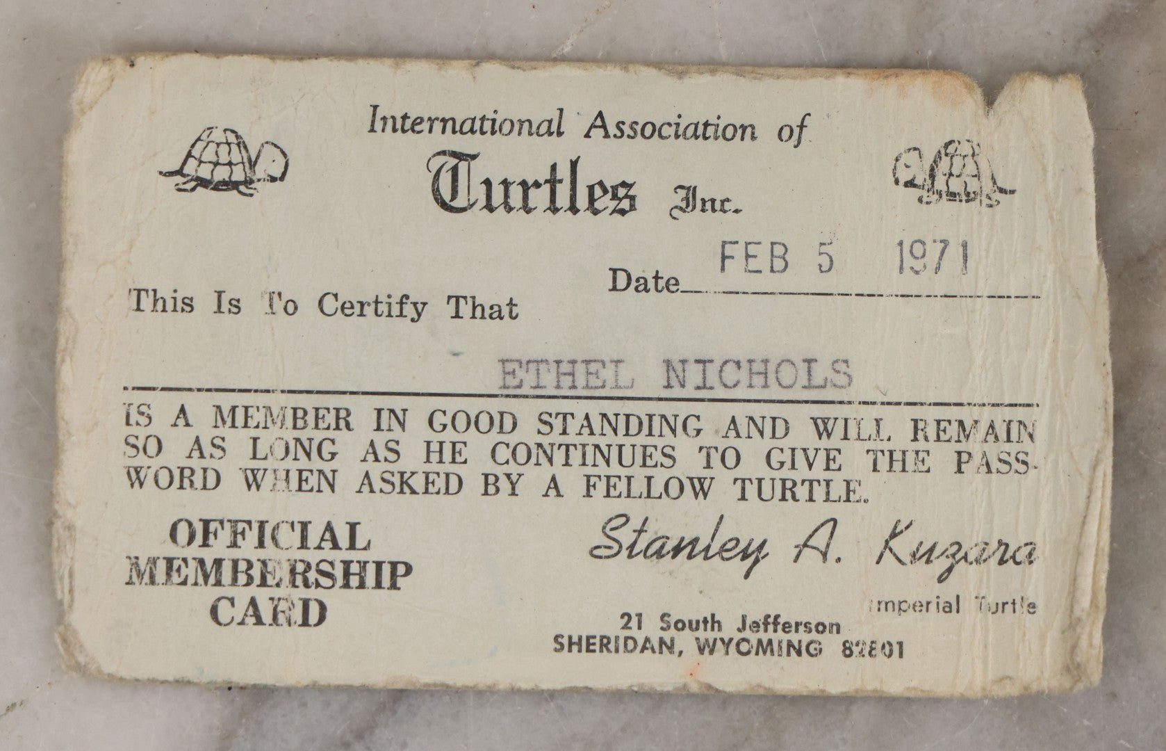 Lot 194 - Vintager International Association Of Turtles Inc. Novelty Fraternal Membership Card For Ethel Nichols With Rules And Riddles, 1971, (“Are You A Turtle?” / “You Bet Your Sweet Ass I Am”)