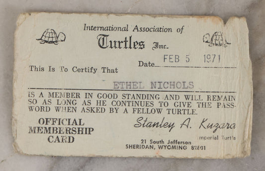 Lot 194 - Vintager International Association Of Turtles Inc. Novelty Fraternal Membership Card For Ethel Nichols With Rules And Riddles, 1971, (“Are You A Turtle?” / “You Bet Your Sweet Ass I Am”)