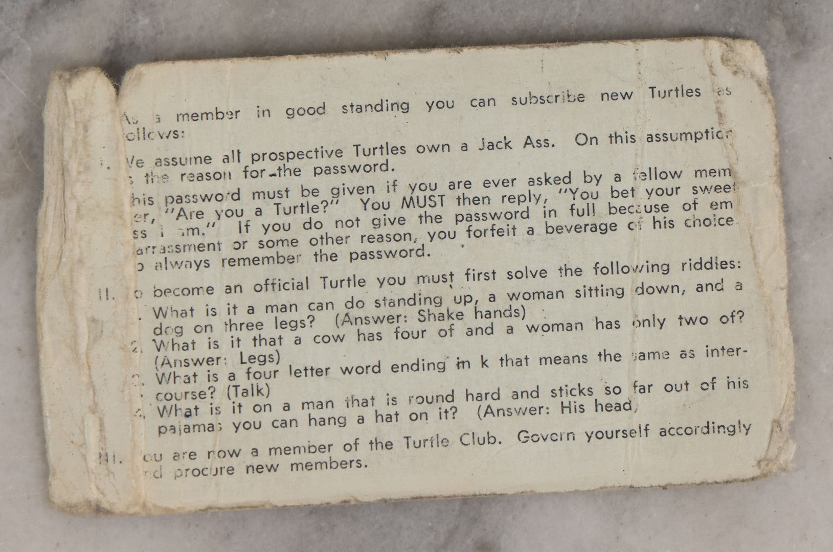 Lot 194 - Vintager International Association Of Turtles Inc. Novelty Fraternal Membership Card For Ethel Nichols With Rules And Riddles, 1971, (“Are You A Turtle?” / “You Bet Your Sweet Ass I Am”)