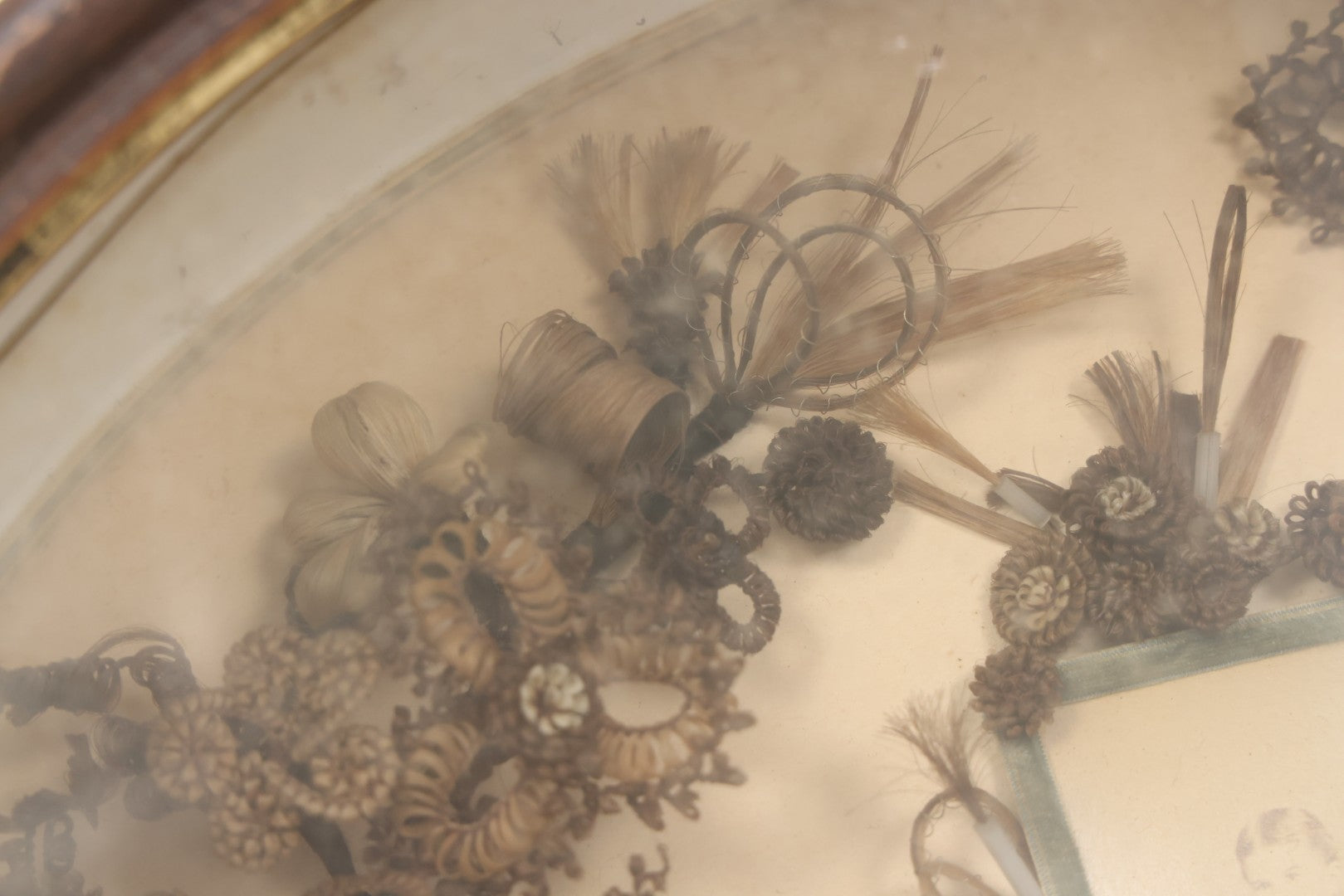 Lot 001 - Antique Victorian Mourning Memorial Human Hair Work Wreath In Deep Oval Shadowbox With Carte De Visite CDV Photograph Of Young Child In Blue Velvet Surround, 18-1/8" x 15-1/4"