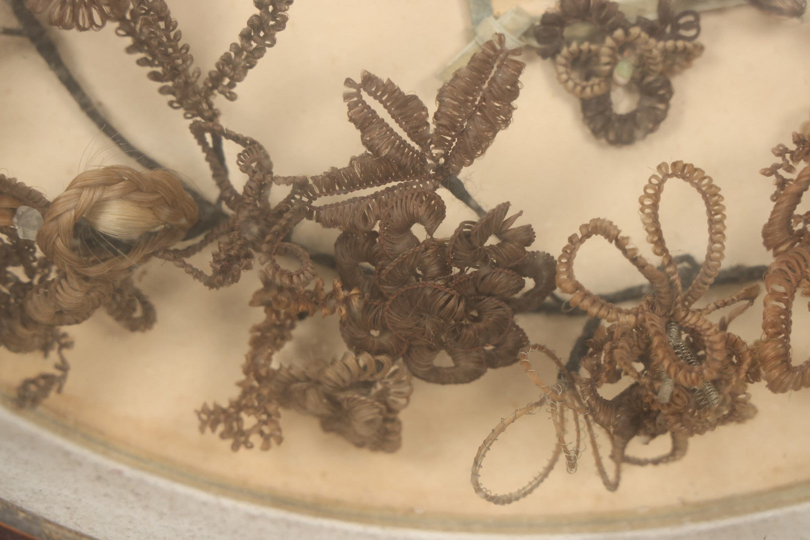 Lot 001 - Antique Victorian Mourning Memorial Human Hair Work Wreath In Deep Oval Shadowbox With Carte De Visite CDV Photograph Of Young Child In Blue Velvet Surround, 18-1/8" x 15-1/4"