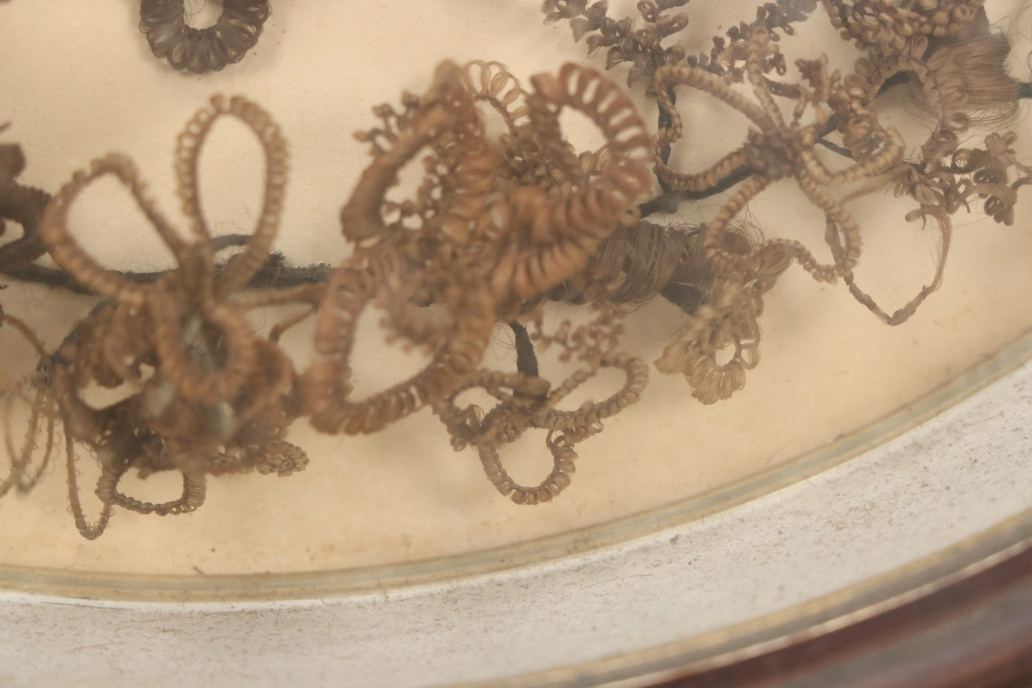 Lot 001 - Antique Victorian Mourning Memorial Human Hair Work Wreath In Deep Oval Shadowbox With Carte De Visite CDV Photograph Of Young Child In Blue Velvet Surround, 18-1/8" x 15-1/4"