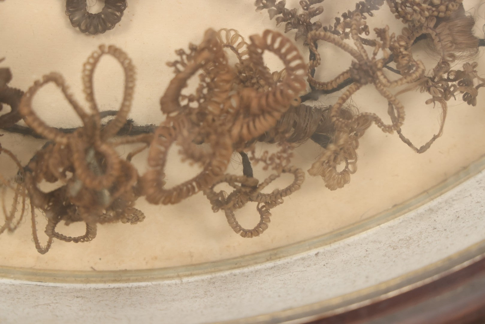 Lot 001 - Antique Victorian Mourning Memorial Human Hair Work Wreath In Deep Oval Shadowbox With Carte De Visite CDV Photograph Of Young Child In Blue Velvet Surround, 18-1/8" x 15-1/4"