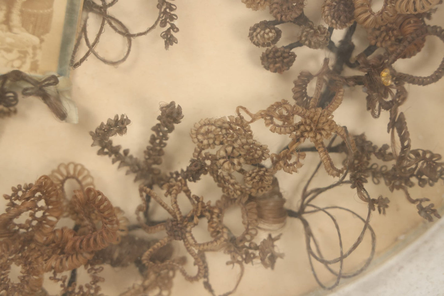 Lot 001 - Antique Victorian Mourning Memorial Human Hair Work Wreath In Deep Oval Shadowbox With Carte De Visite CDV Photograph Of Young Child In Blue Velvet Surround, 18-1/8" x 15-1/4"