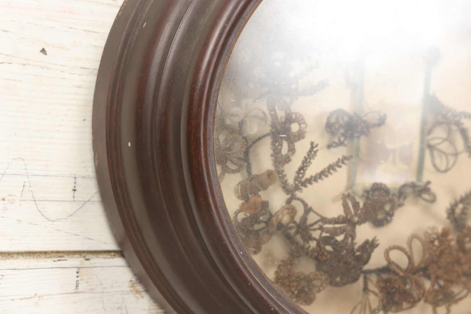 Lot 001 - Antique Victorian Mourning Memorial Human Hair Work Wreath In Deep Oval Shadowbox With Carte De Visite CDV Photograph Of Young Child In Blue Velvet Surround, 18-1/8" x 15-1/4"