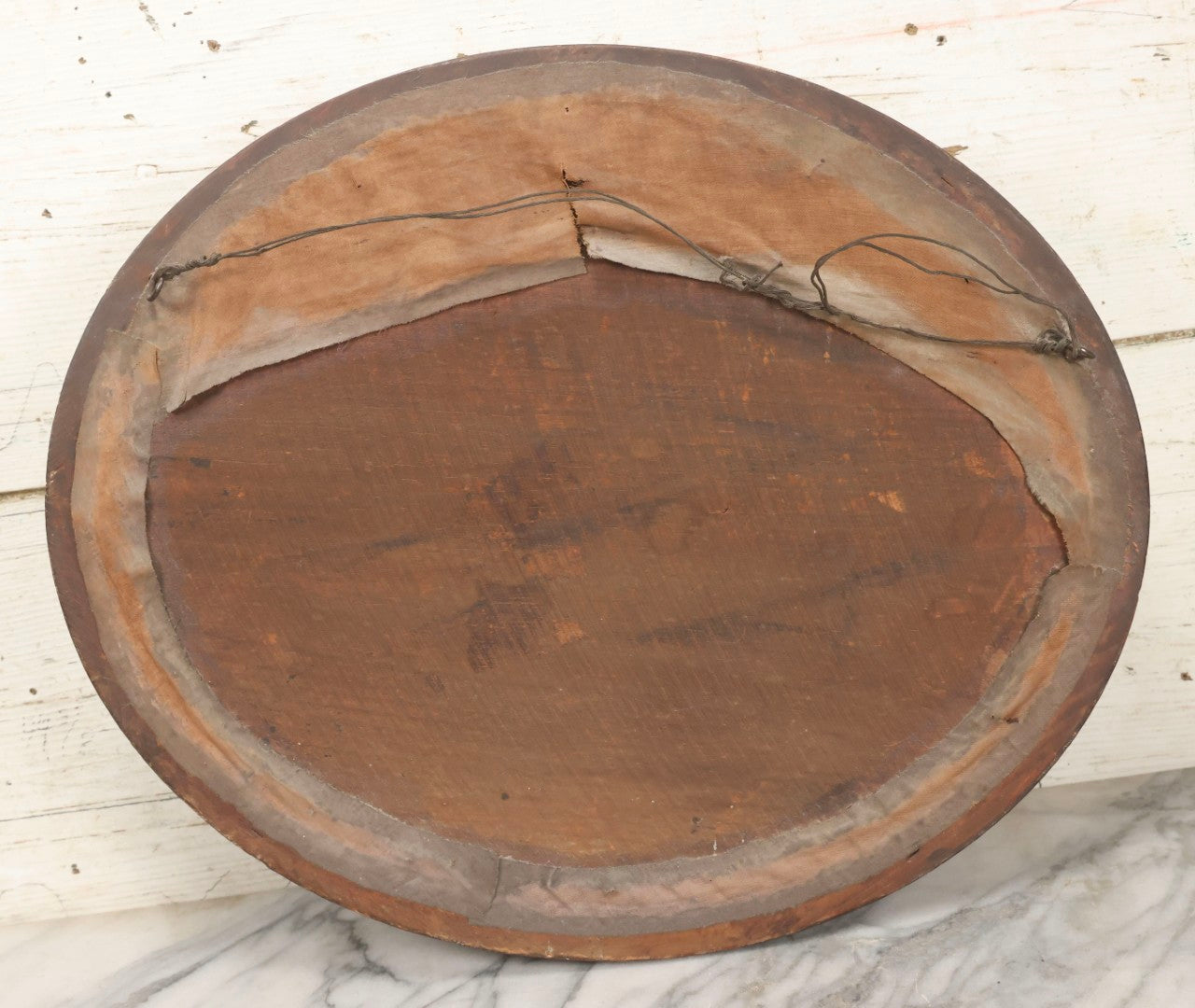 Lot 001 - Antique Victorian Mourning Memorial Human Hair Work Wreath In Deep Oval Shadowbox With Carte De Visite CDV Photograph Of Young Child In Blue Velvet Surround, 18-1/8" x 15-1/4"