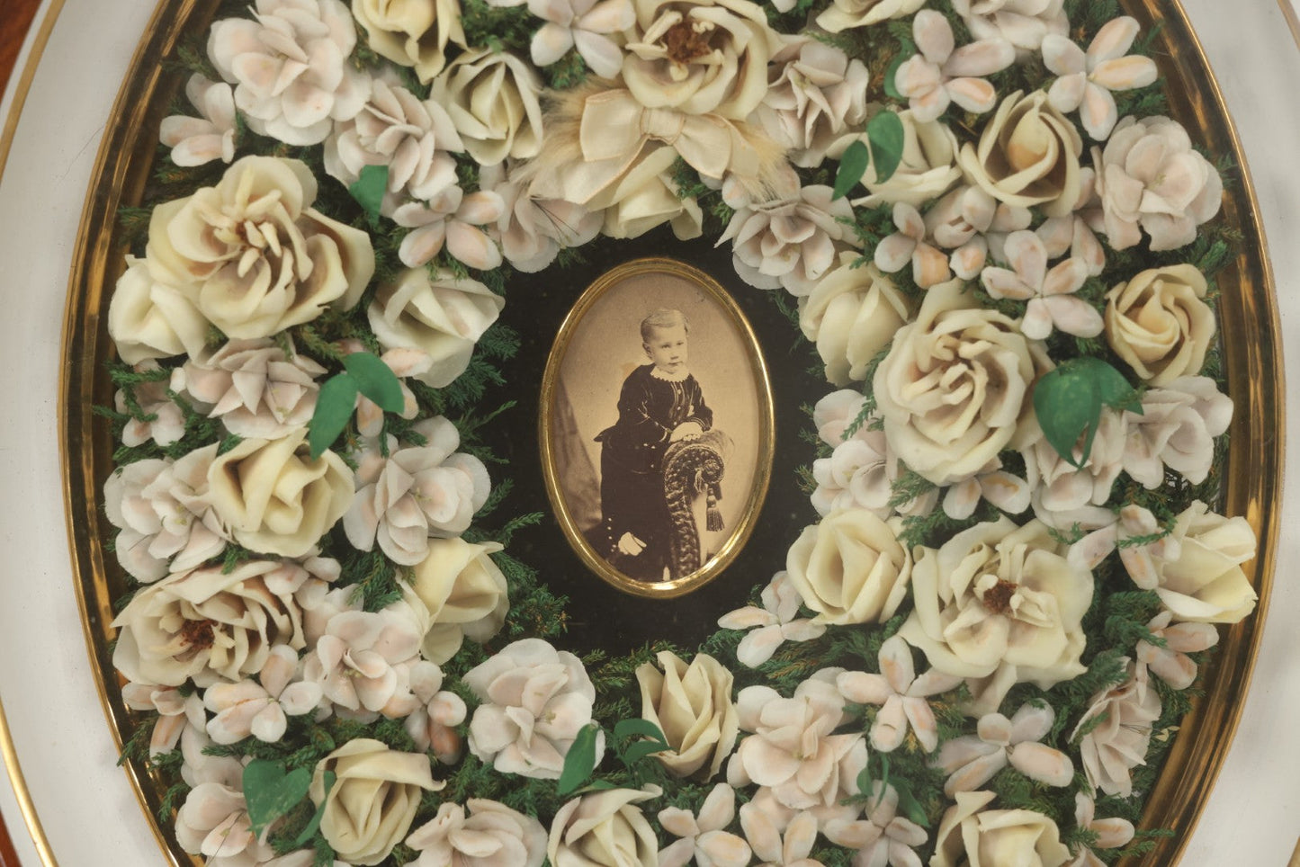 Lot 002 - Antique Victorian Mourning Memorial Preserved Flower Wreath "In Memory Of Our Darling George" In Original Deep Oval Shadowbox With Carte De Visite CDV Photograph And Hardy & Yarnall, Philadelphia Label, 17" x 20"
