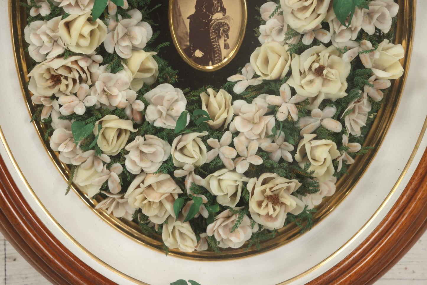 Lot 002 - Antique Victorian Mourning Memorial Preserved Flower Wreath "In Memory Of Our Darling George" In Original Deep Oval Shadowbox With Carte De Visite CDV Photograph And Hardy & Yarnall, Philadelphia Label, 17" x 20"