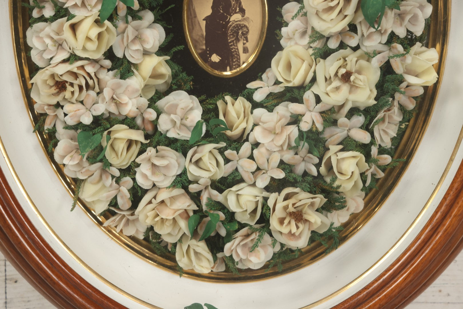 Lot 002 - Antique Victorian Mourning Memorial Preserved Flower Wreath "In Memory Of Our Darling George" In Original Deep Oval Shadowbox With Carte De Visite CDV Photograph And Hardy & Yarnall, Philadelphia Label, 17" x 20"