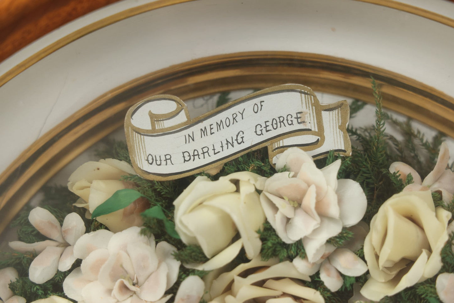 Lot 002 - Antique Victorian Mourning Memorial Preserved Flower Wreath "In Memory Of Our Darling George" In Original Deep Oval Shadowbox With Carte De Visite CDV Photograph And Hardy & Yarnall, Philadelphia Label, 17" x 20"