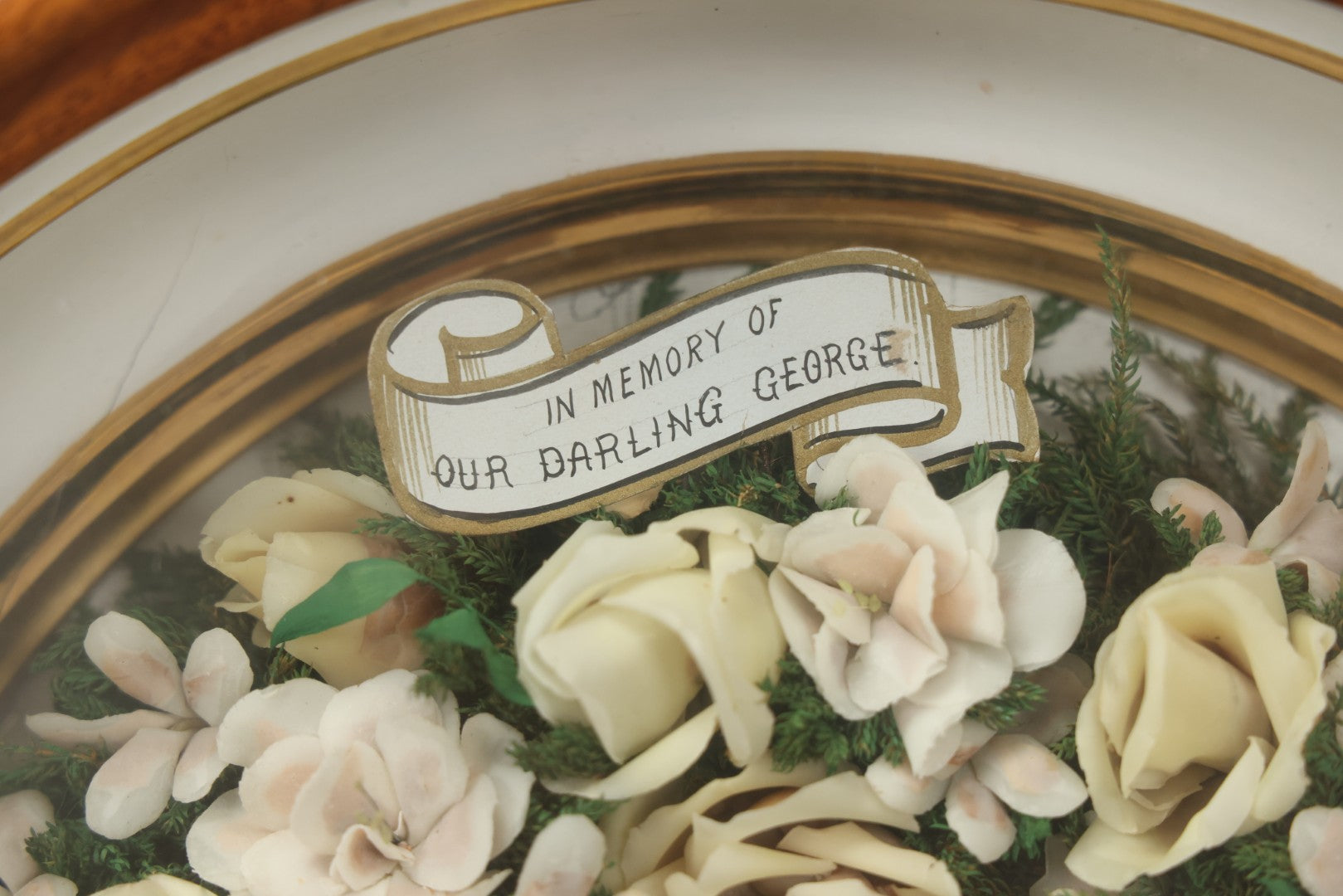 Lot 002 - Antique Victorian Mourning Memorial Preserved Flower Wreath "In Memory Of Our Darling George" In Original Deep Oval Shadowbox With Carte De Visite CDV Photograph And Hardy & Yarnall, Philadelphia Label, 17" x 20"