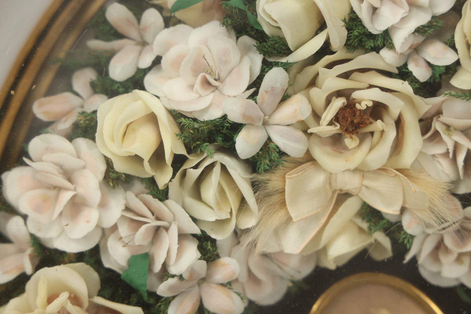 Lot 002 - Antique Victorian Mourning Memorial Preserved Flower Wreath "In Memory Of Our Darling George" In Original Deep Oval Shadowbox With Carte De Visite CDV Photograph And Hardy & Yarnall, Philadelphia Label, 17" x 20"
