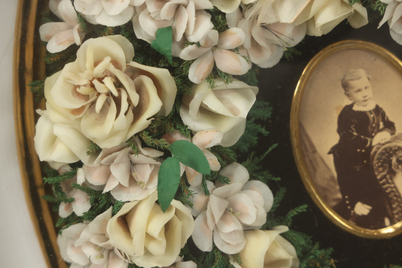 Lot 002 - Antique Victorian Mourning Memorial Preserved Flower Wreath "In Memory Of Our Darling George" In Original Deep Oval Shadowbox With Carte De Visite CDV Photograph And Hardy & Yarnall, Philadelphia Label, 17" x 20"
