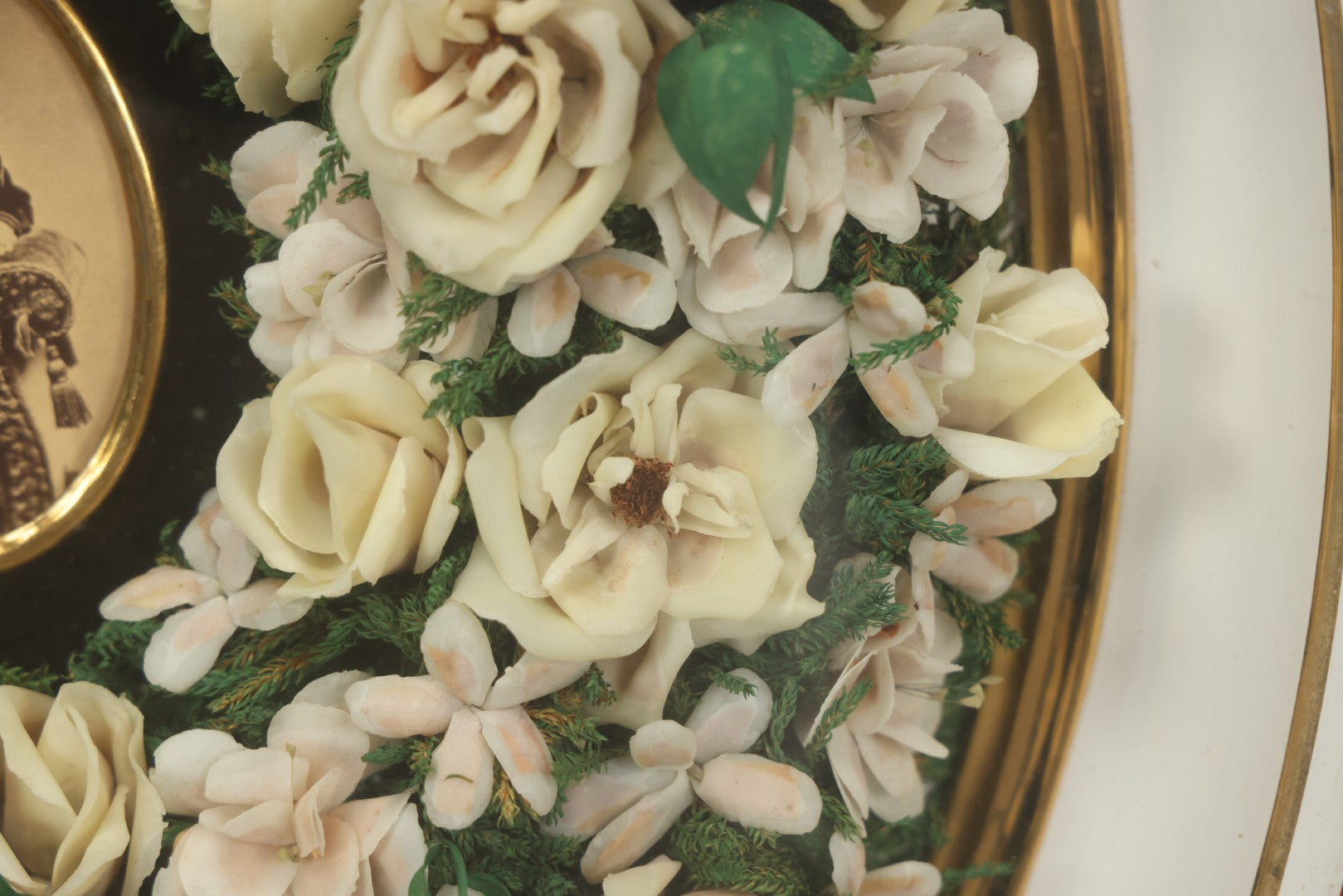 Lot 002 - Antique Victorian Mourning Memorial Preserved Flower Wreath "In Memory Of Our Darling George" In Original Deep Oval Shadowbox With Carte De Visite CDV Photograph And Hardy & Yarnall, Philadelphia Label, 17" x 20"