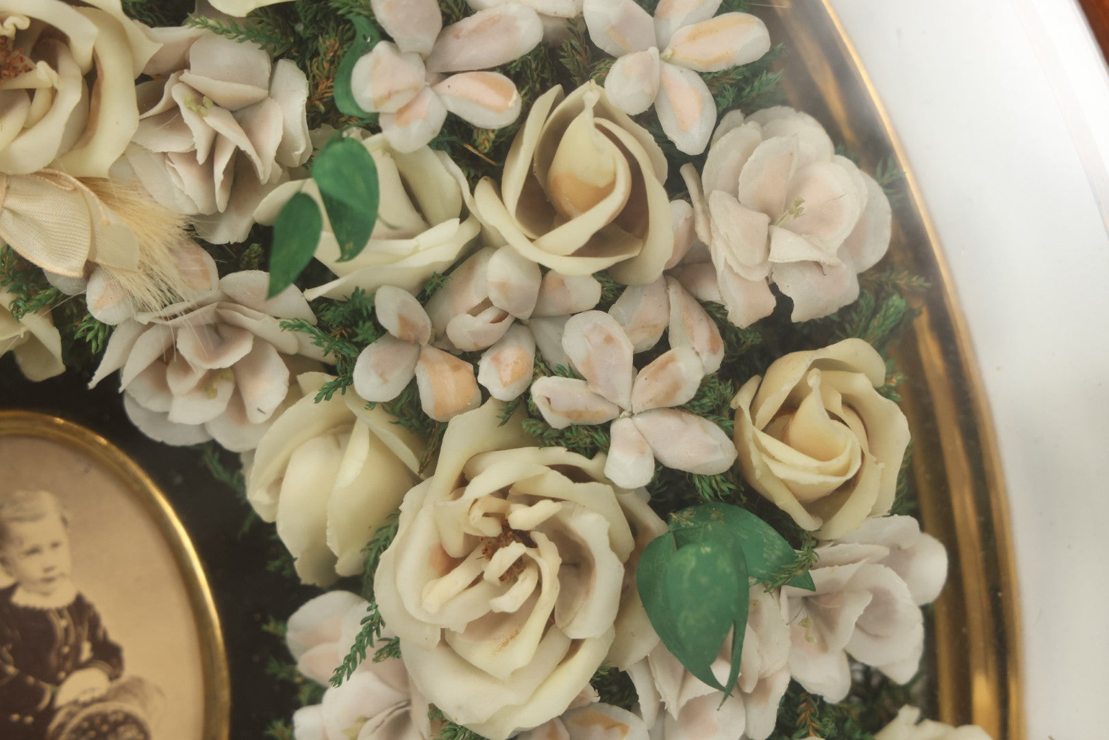 Lot 002 - Antique Victorian Mourning Memorial Preserved Flower Wreath "In Memory Of Our Darling George" In Original Deep Oval Shadowbox With Carte De Visite CDV Photograph And Hardy & Yarnall, Philadelphia Label, 17" x 20"