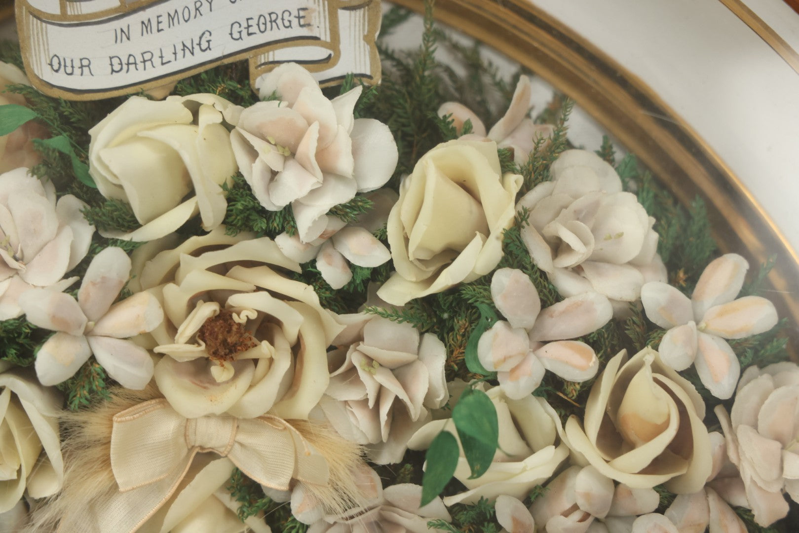 Lot 002 - Antique Victorian Mourning Memorial Preserved Flower Wreath "In Memory Of Our Darling George" In Original Deep Oval Shadowbox With Carte De Visite CDV Photograph And Hardy & Yarnall, Philadelphia Label, 17" x 20"
