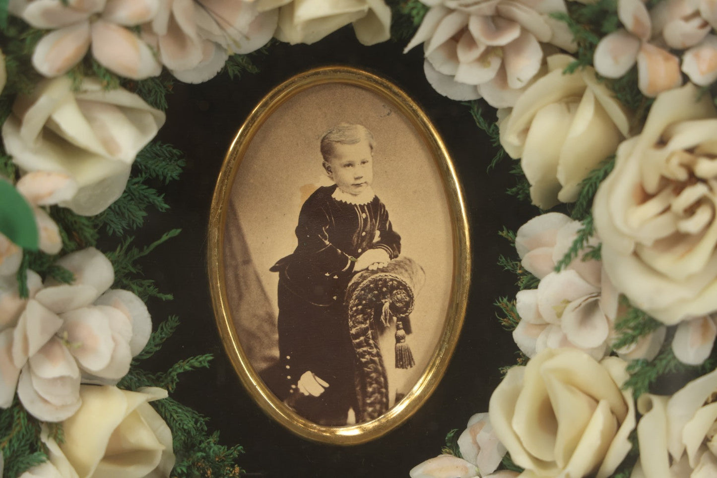 Lot 002 - Antique Victorian Mourning Memorial Preserved Flower Wreath "In Memory Of Our Darling George" In Original Deep Oval Shadowbox With Carte De Visite CDV Photograph And Hardy & Yarnall, Philadelphia Label, 17" x 20"