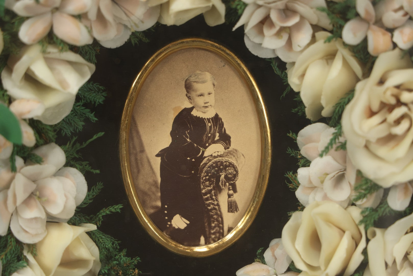 Lot 002 - Antique Victorian Mourning Memorial Preserved Flower Wreath "In Memory Of Our Darling George" In Original Deep Oval Shadowbox With Carte De Visite CDV Photograph And Hardy & Yarnall, Philadelphia Label, 17" x 20"