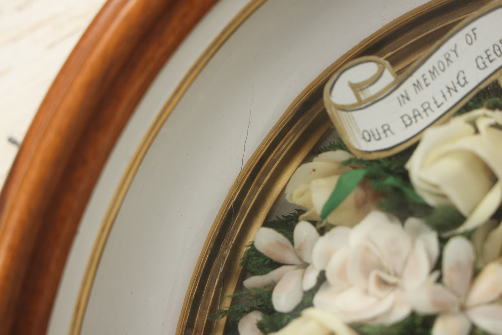 Lot 002 - Antique Victorian Mourning Memorial Preserved Flower Wreath "In Memory Of Our Darling George" In Original Deep Oval Shadowbox With Carte De Visite CDV Photograph And Hardy & Yarnall, Philadelphia Label, 17" x 20"