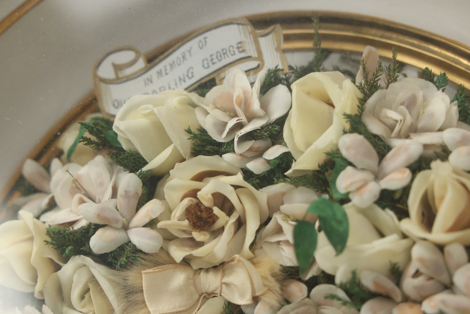 Lot 002 - Antique Victorian Mourning Memorial Preserved Flower Wreath "In Memory Of Our Darling George" In Original Deep Oval Shadowbox With Carte De Visite CDV Photograph And Hardy & Yarnall, Philadelphia Label, 17" x 20"