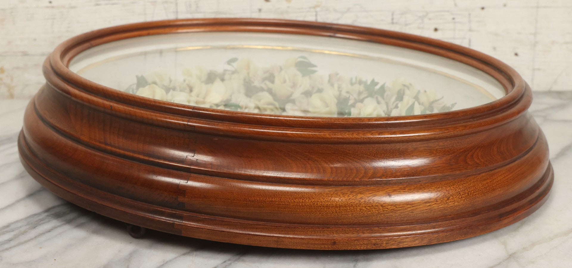 Lot 002 - Antique Victorian Mourning Memorial Preserved Flower Wreath "In Memory Of Our Darling George" In Original Deep Oval Shadowbox With Carte De Visite CDV Photograph And Hardy & Yarnall, Philadelphia Label, 17" x 20"