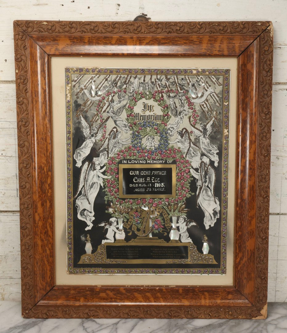Lot 003 - Antique Edwardian Mourning Memorial Lithograph "In Loving Memory Of Our Dear Father Chas. E. Ege, Died August 13, 1905" With Gold And Glitter Accents, Mother Of Pearl Backing, Copyright 1903, William F. Hall, Philadelphia, 21-1/2" x 25-5/8"