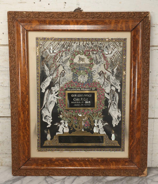 Lot 003 - Antique Edwardian Mourning Memorial Lithograph "In Loving Memory Of Our Dear Father Chas. E. Ege, Died August 13, 1905" With Gold And Glitter Accents, Mother Of Pearl Backing, Copyright 1903, William F. Hall, Philadelphia, 21-1/2" x 25-5/8"