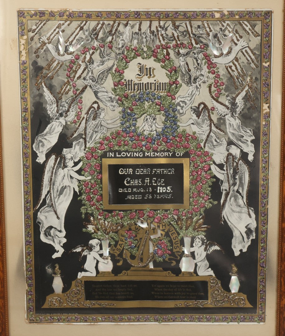 Lot 003 - Antique Edwardian Mourning Memorial Lithograph "In Loving Memory Of Our Dear Father Chas. E. Ege, Died August 13, 1905" With Gold And Glitter Accents, Mother Of Pearl Backing, Copyright 1903, William F. Hall, Philadelphia, 21-1/2" x 25-5/8"