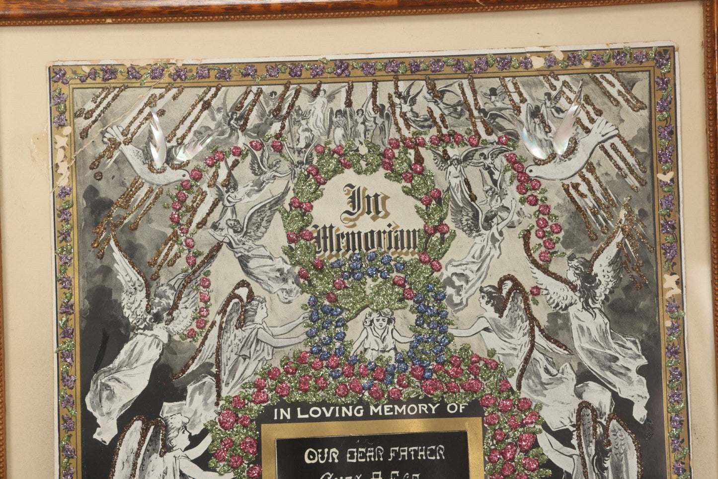 Lot 003 - Antique Edwardian Mourning Memorial Lithograph "In Loving Memory Of Our Dear Father Chas. E. Ege, Died August 13, 1905" With Gold And Glitter Accents, Mother Of Pearl Backing, Copyright 1903, William F. Hall, Philadelphia, 21-1/2" x 25-5/8"