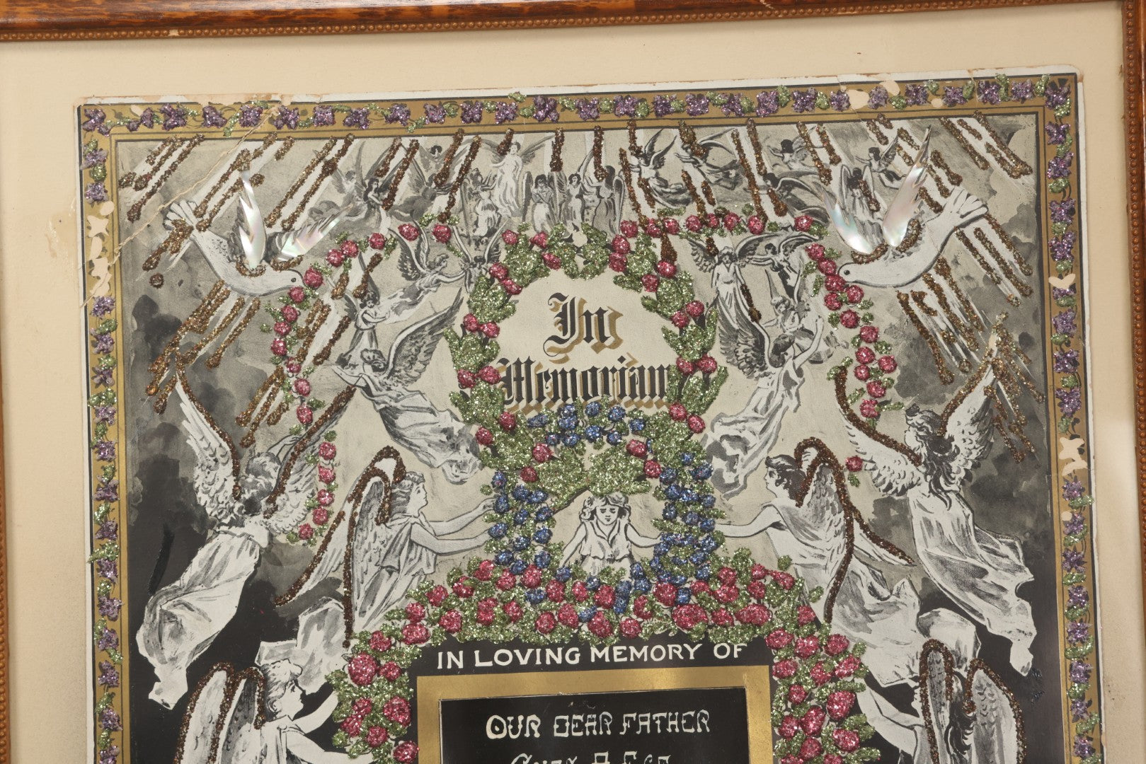 Lot 003 - Antique Edwardian Mourning Memorial Lithograph "In Loving Memory Of Our Dear Father Chas. E. Ege, Died August 13, 1905" With Gold And Glitter Accents, Mother Of Pearl Backing, Copyright 1903, William F. Hall, Philadelphia, 21-1/2" x 25-5/8"